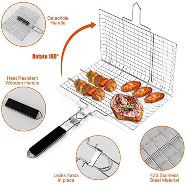 Pecco BBQ Grilling Basket, Foldable Stainless Steel Barbecue Grill Basket for Fish Vegetables Shrimp with Removable Handle, Basting Brush and Storage Bag 32x22cm