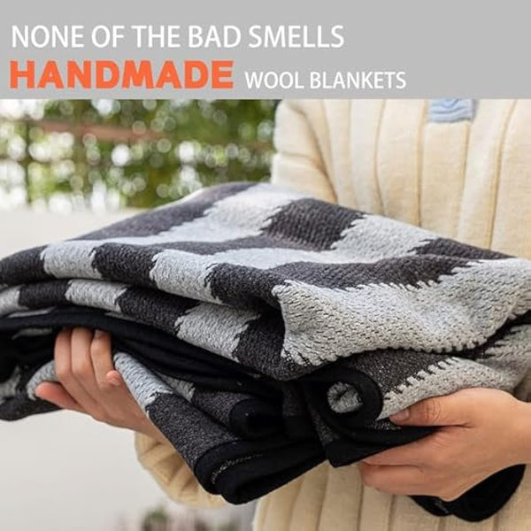 ACUSHLA Merino Wool Blanket - Warm, Thick, Washable, 87" x 63" Large Throw for Outdoors, Camping,Couch, Bed, Travel - Super Soft Wool Blanket- Grey Stripe