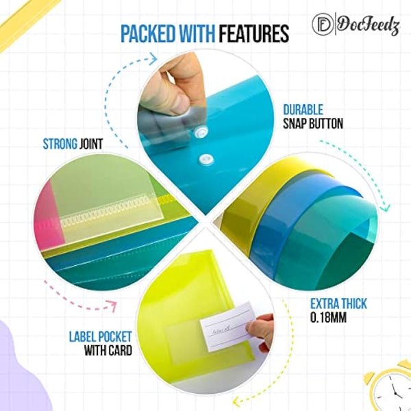 DocFeedz Plastic Wallets A4 - Pack of 25 Waterproof Plastic Folders for Documents 33.2 x 23.4 cm - 5 Assorted Colours Popper Wallet A4 with Snap Button and Label for Home, Office, School and Travel