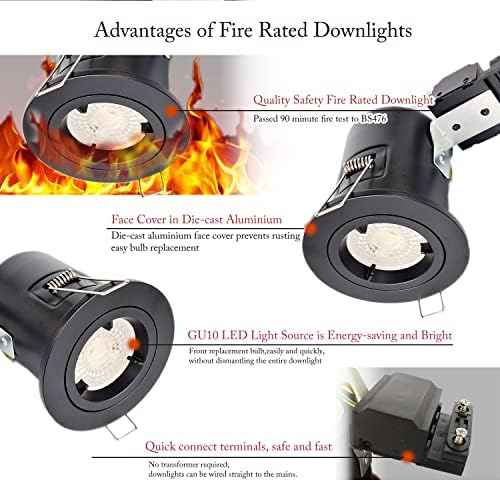 4XSweier 90 Minute IP20 Fire Rated LED Recessed Downlight,Black Ceiling Spotlight, Recessed Spotlight with GU10 Junction Box (Bulbs not Included)