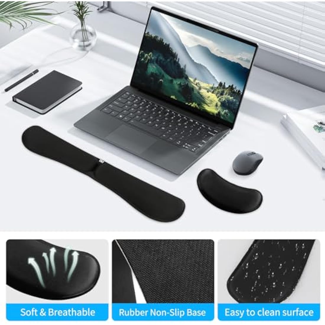 ZIBLY Wrist Rest Keyboard and Mouse Set - Non-Slip Ergonomic Wrist Cushion Support Pad - Easy Typing, Pain Relief – Premium Silky Gel Memory Foam for Work from Home Gaming Computer Laptop