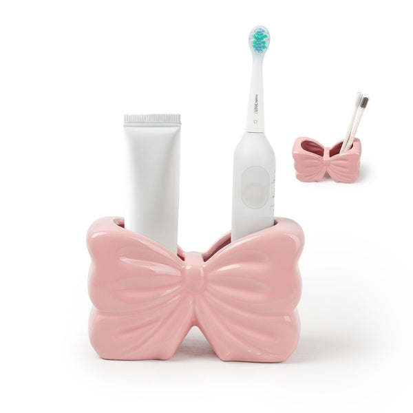 Kelivi Bow Toothbrush Holder, Pink Ceramic Multi-Purpose 2-Section Organizer for Bathroom, Kitchen, Bedroom, Office Decor
