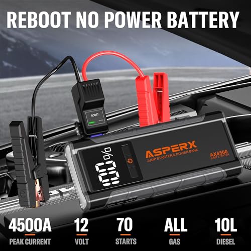 ASPERX Jump Starter Power Pack(Up to 10L Gas/8L Diesel), 3000A Car Battery Booster Jump Starter with LED Flashlight, Jump Leads and LCD Display, Jump Pack for 12V Vehicles, Pickup, SUV, Motorcycle