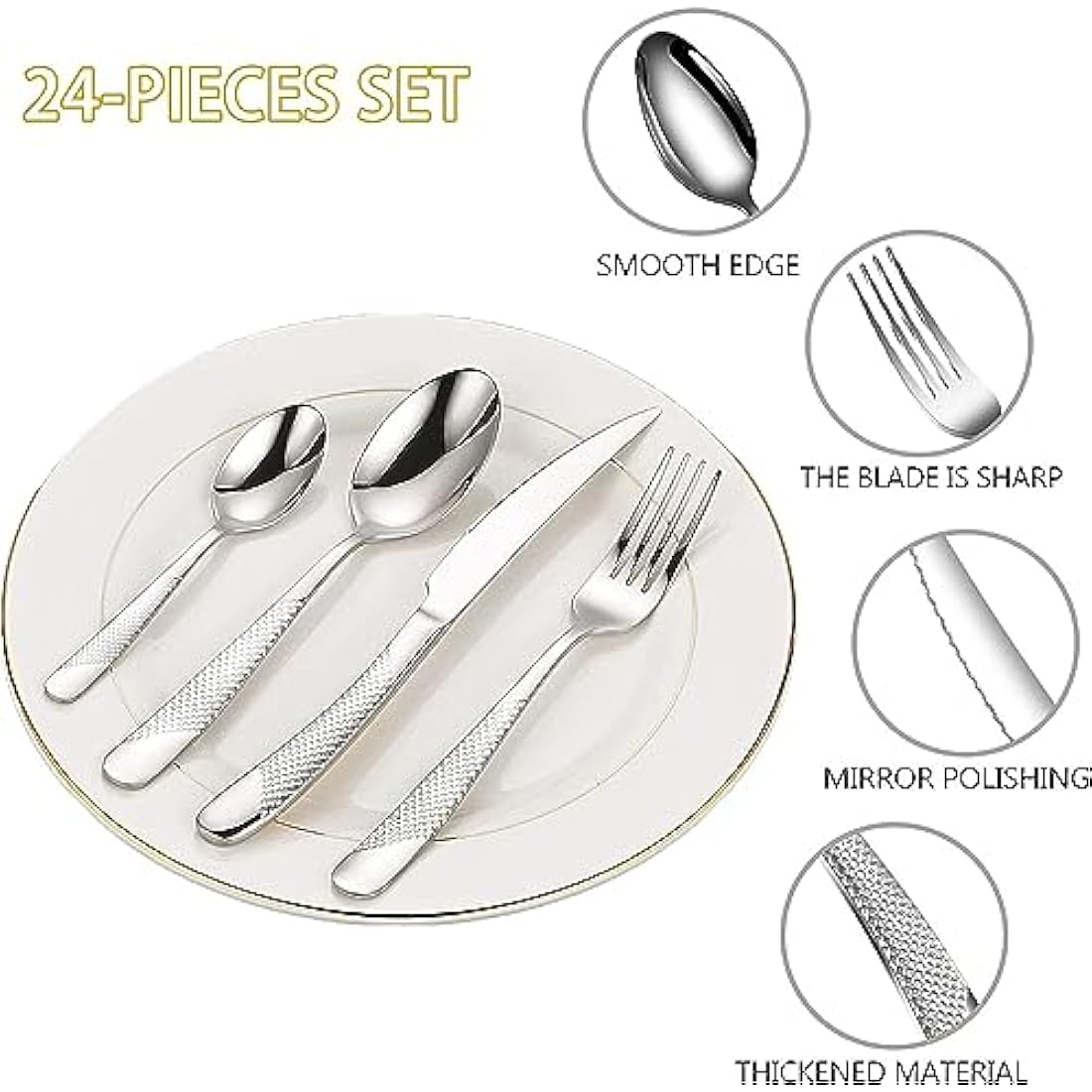 Gilded Silverware Set, 24 Piece Cutlery Set with Holder, Service for 6, Mirror Polished Tableware Set for Home Kitchen (Silvery)