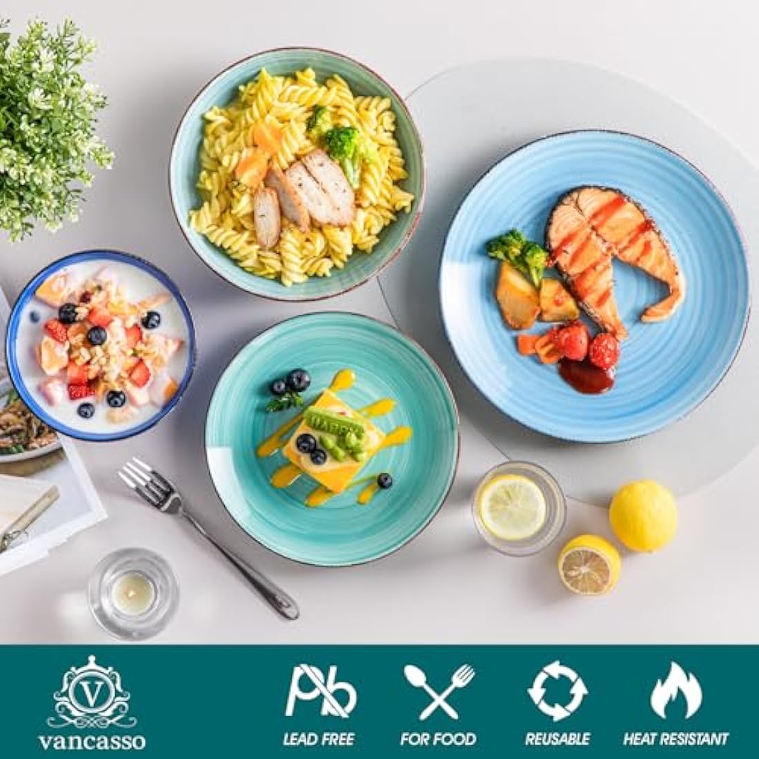 vancasso Bonita Blue Dinner Set, 24-Piece Dinner Sets for 6 People, Handpainted Swirls Plates and Bowls Set in Modern Style, Include Dinner Plates, Dessert Plates, Pasta Bowls and Cereal Bowl