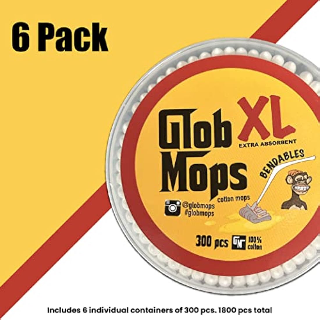 Glob Mops BENDABLE XL Cotton Swabs 6-Pack Bundle | Extra Absorbent | Eco-Friendly | 1800 Total Mops