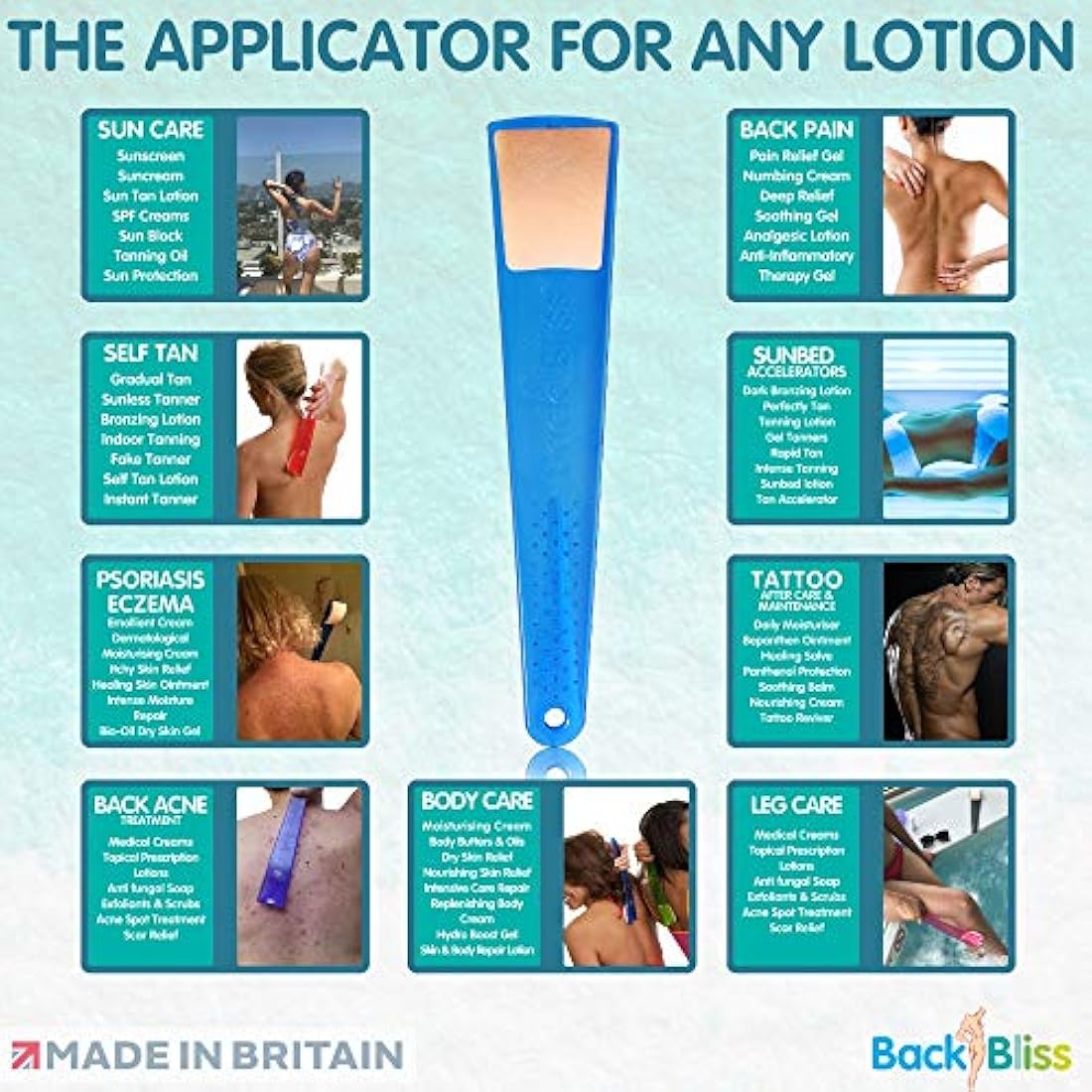 British Made Easy Reach Lotion Applicator for Back with Back Scratcher by BackBliss for Men and Women Clear/Blue