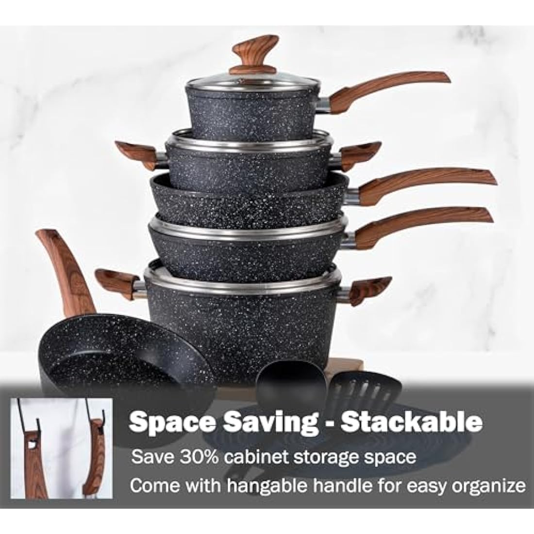 Kitchen Academy Induction Hob Pots and Pans Set - 12 Piece Cooking Pans Set, Black Granite Kitchen Cookware Set,Nonstick Saucepan Set PFOS & PFOA Free