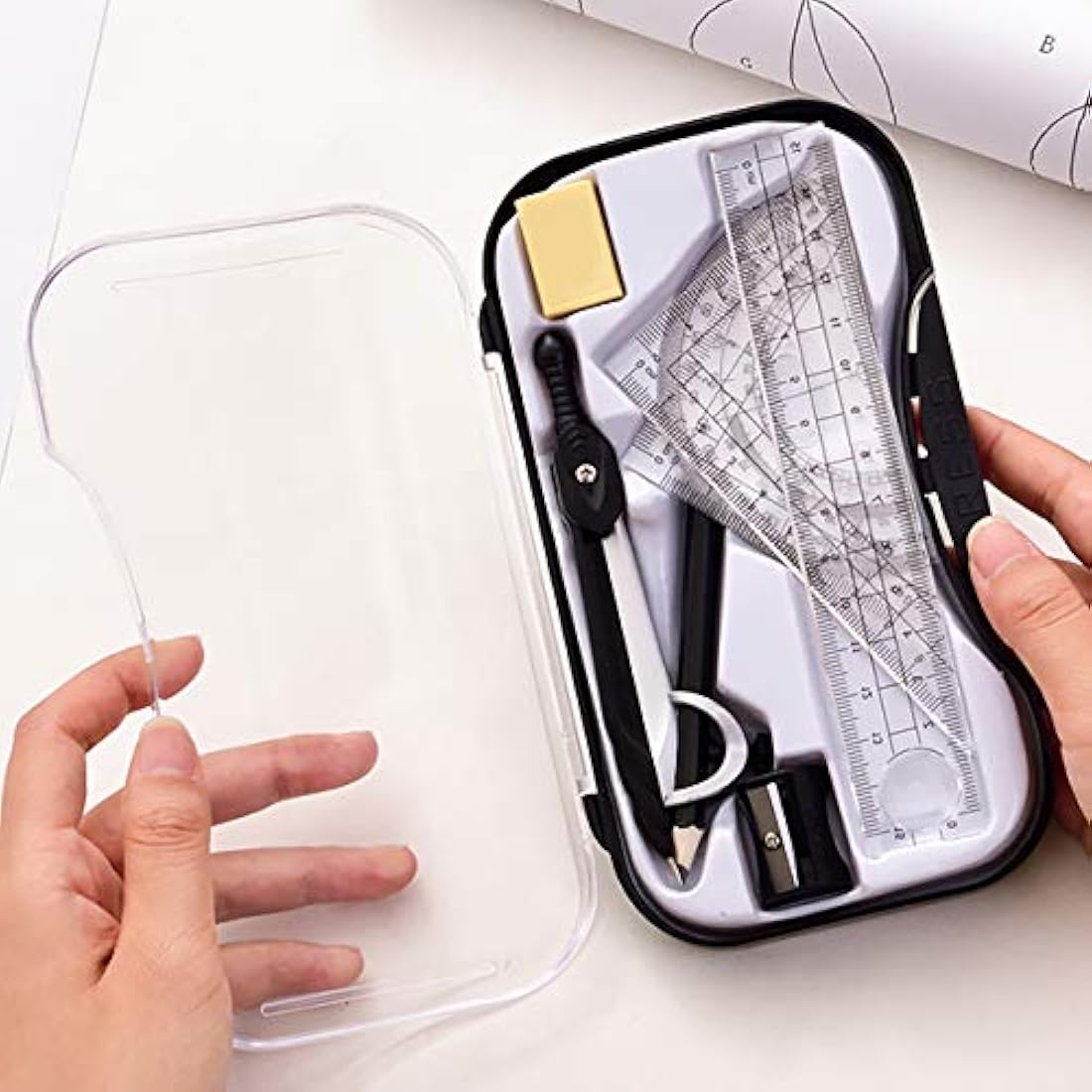 Maths Set, Geometry Compasses Set 8pcs School Protractor Rulers Set Squares for Maths Learning Home Schooling in Carry Case