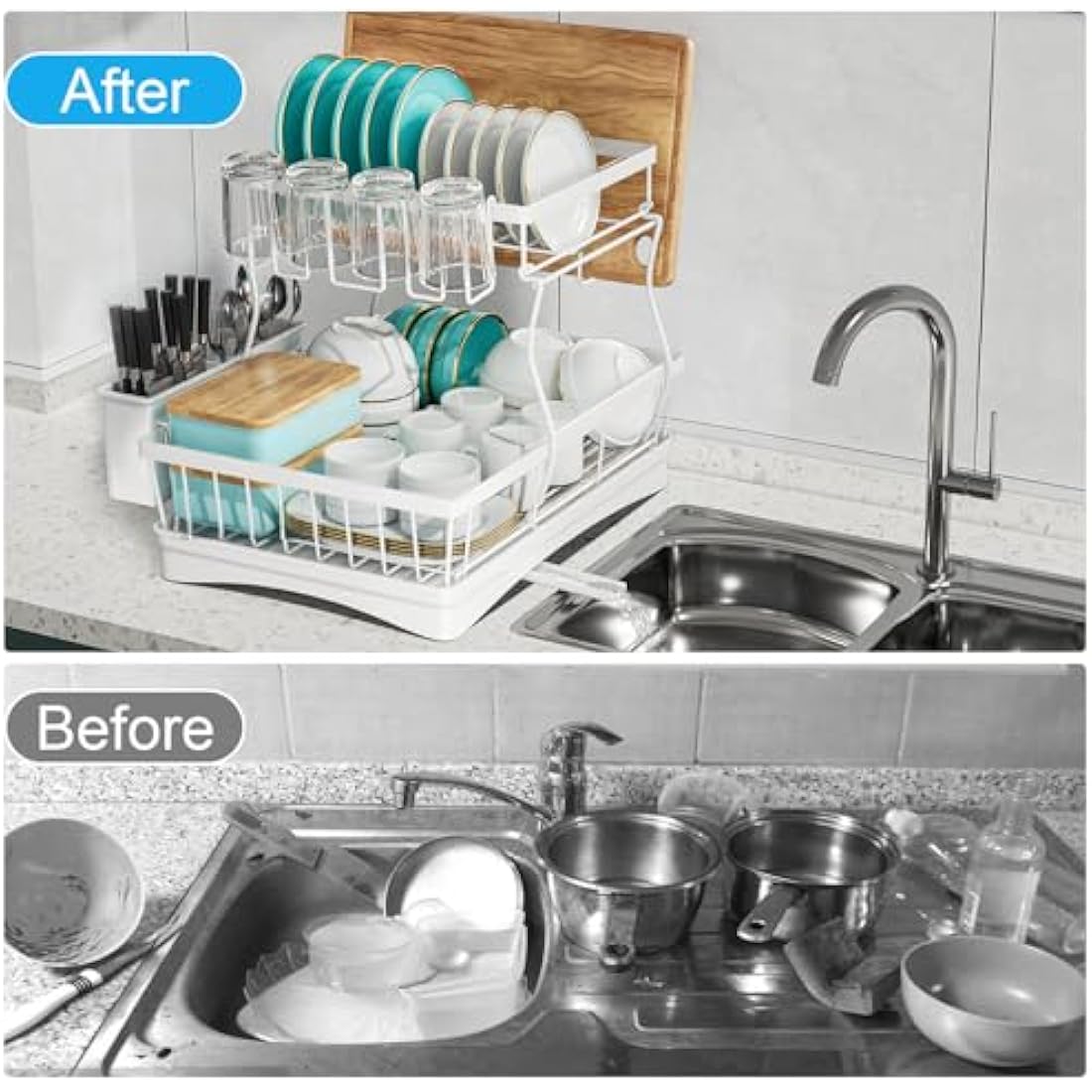 7 code Large Dish Drying Rack for Kitchen Counter,Detachable Large Capacity Dish Drainer Organizer with Utensil Holder,2-Tier Dish Drying Rack with Drain Board,White