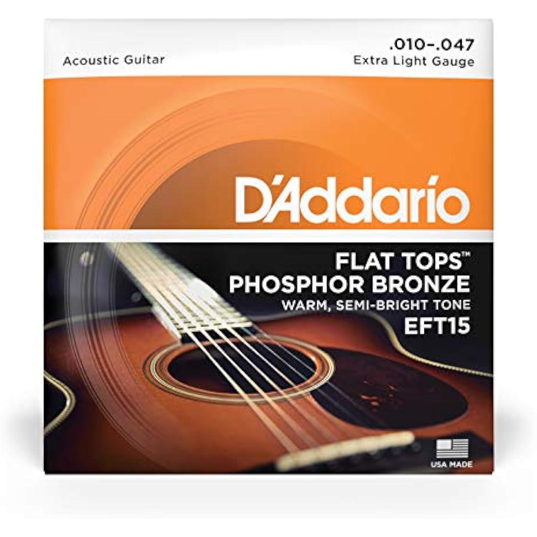 D'Addario Guitar Strings - Acoustic Guitar Strings - Flat Tops Phosphor Bronze - For 6 String Guitar - Warm, Semi-Bright Tone - EFT15 - Extra Light, 10-47