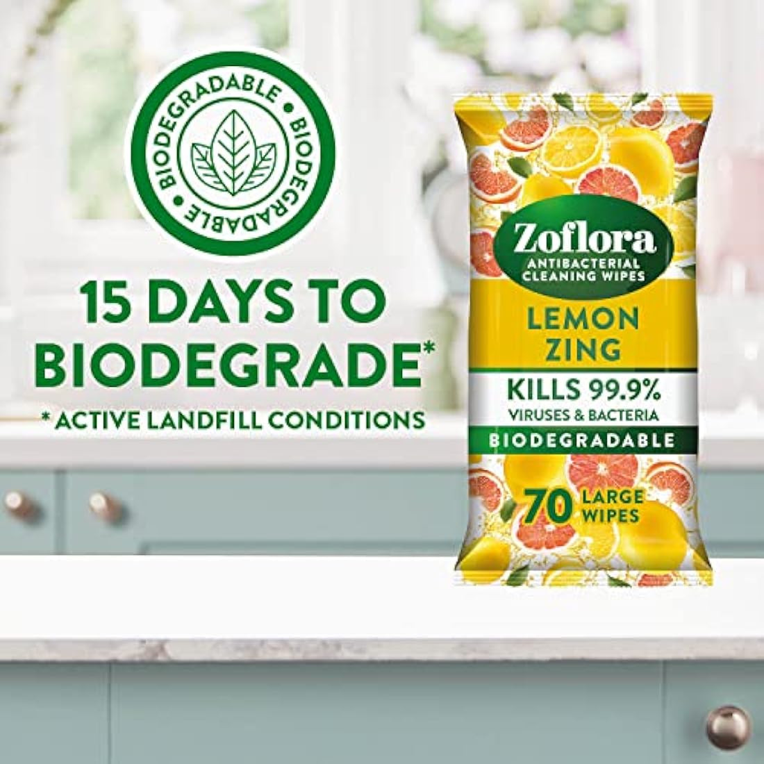 Zoflora Lemon Zing Large Biodegradeable Wipes, Antibacterial Cleaning, 6 x 70 Wipes Pack, Multi-Surface Disinfectant, Removes Odours & Kills 99.9% of Bacteria & Viruses