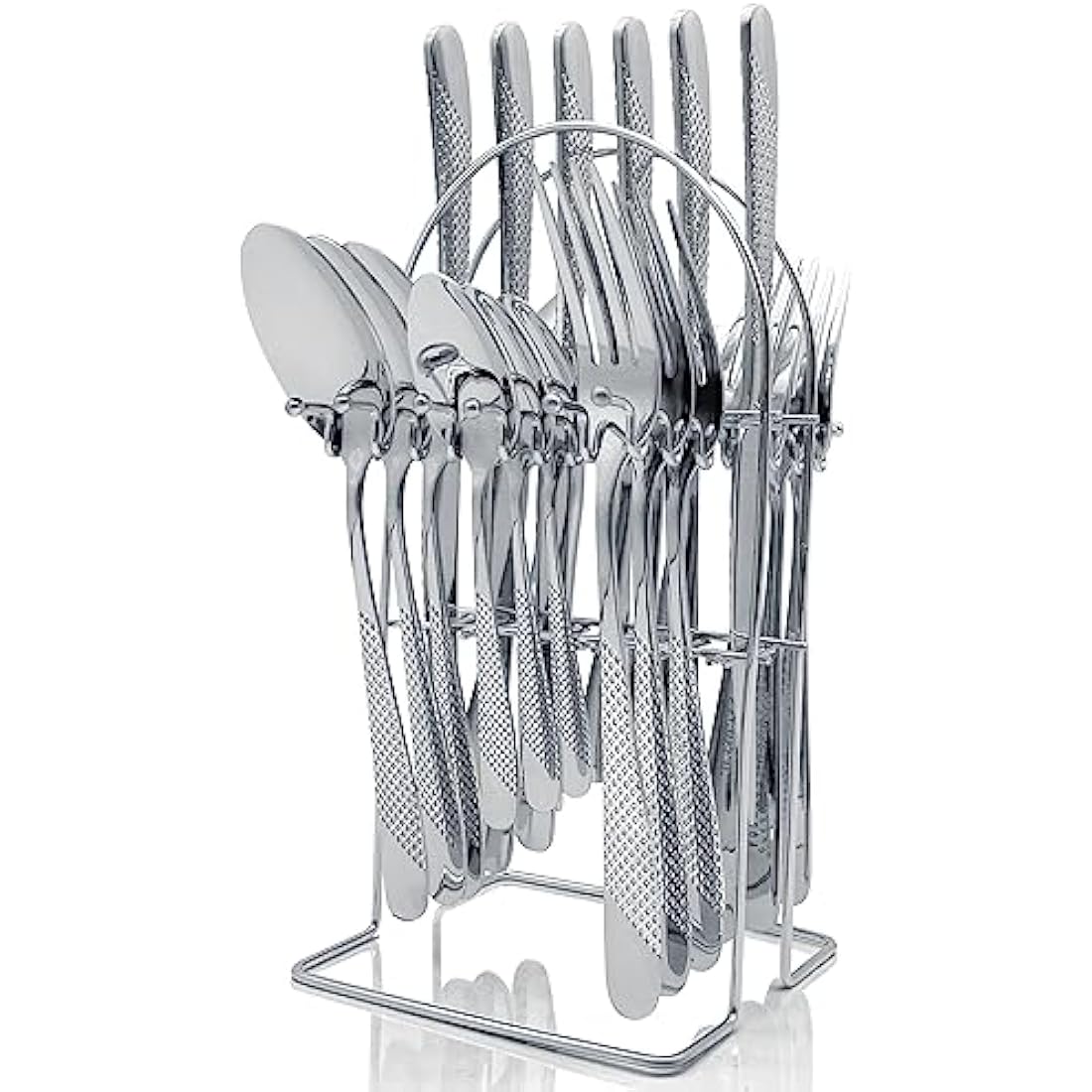 Gilded Silverware Set, 24 Piece Cutlery Set with Holder, Service for 6, Mirror Polished Tableware Set for Home Kitchen (Silvery)