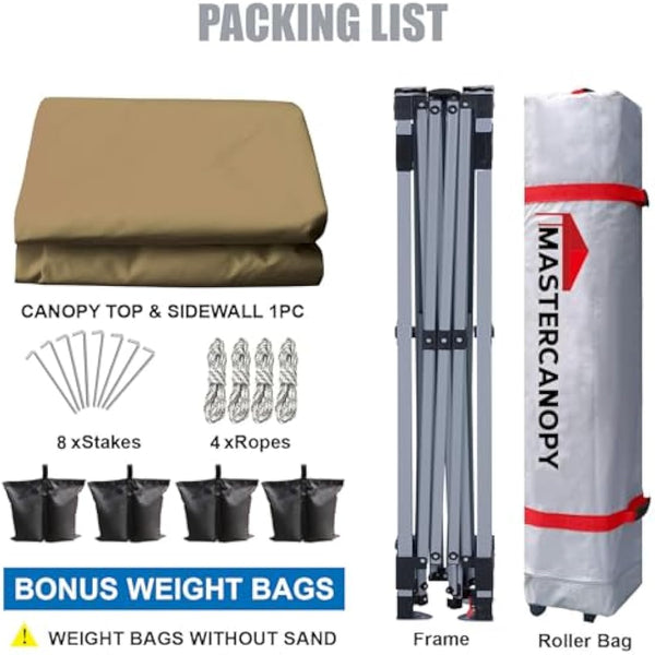 MASTERCANOPY Durable Ez Pop-up Gazebo Tent with 1 Sidewall (3x3M,Khaki)