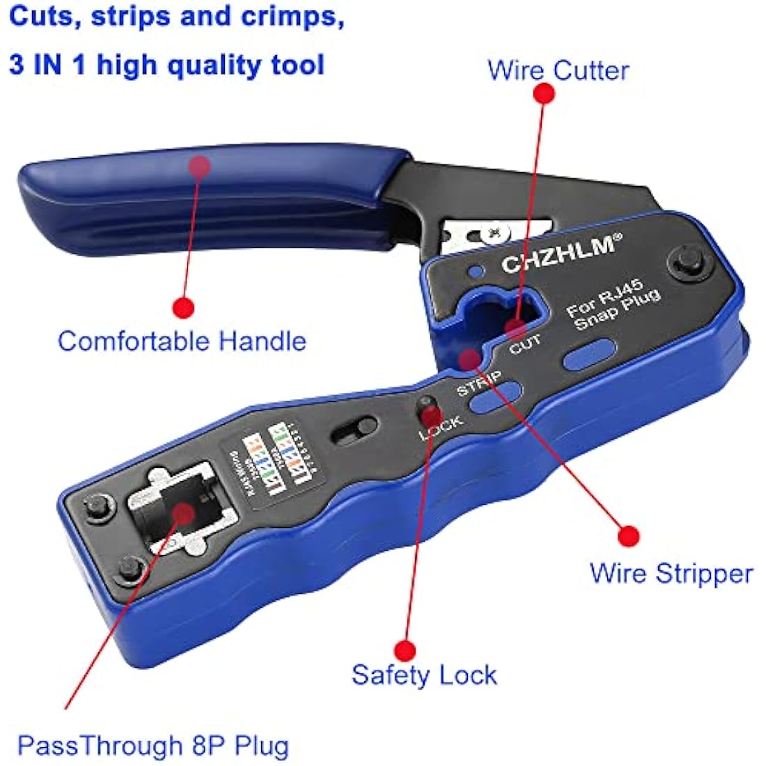 CHZHLM RJ45 Crimp Tool Kit All in One Pass Through Crimper Stripper Cutter for Cat5e Cat6 Cat6a Pass Through Connector with 50Pcs Connectors 50Pcs Covers Mini Stripper Pliers Tester