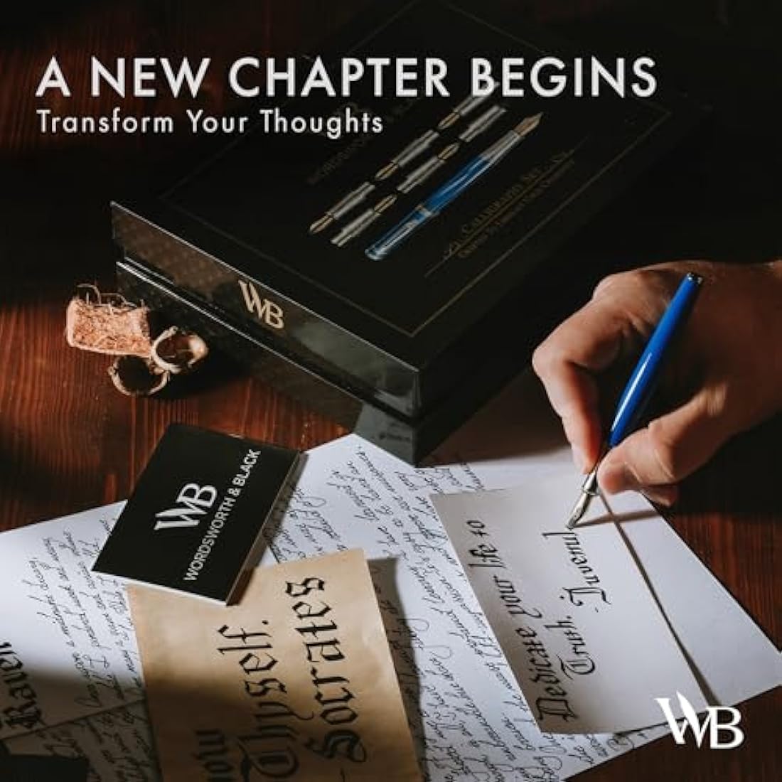 Wordsworth & Black Calligraphy Pen Gift Set, Includes Ink Bottle, 6 Ink Cartridges, Ink Refill Converter, 6 Replacement Nibs, Premium Package, Journaling, Smooth Writing Pens [Blue Chrome]