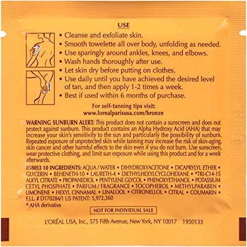 L'Oréal Paris Skincare Sublime Bronze Sunless Tanning Towelettes, Fast-Drying, Streak-Free Self Tanner, 6 ct.