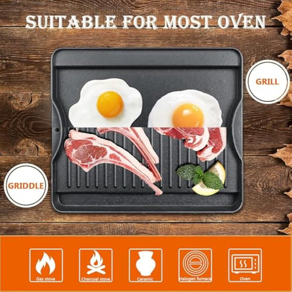 Denmay Cast Iron Griddle, 34 x 40 CM, Double-Sided Reversible Grill/Griddle Combo, Heavy Duty, Black, Rectangular, Griddle Plate for Campchef stoves