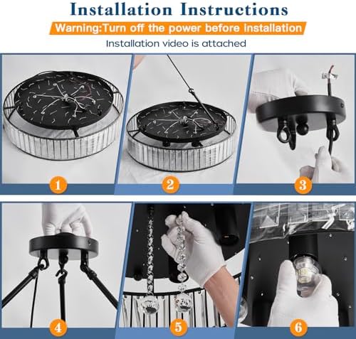 EOPSPYI 6-Lights Modern Crystal Chandelier Black Metal Semi Flush Mount Ceiling Light Fitting Round Ceiling Light for Dining Room Living Room Bedroom Bathroom Kitchen