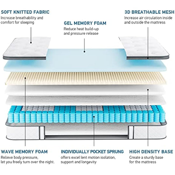 TeQsli 3FT Single Mattress 10 Inch Gel Memory Foam Pocket Spring Hybrid Mattress Medium Firm Orthopedic - Edge Support & OEKO-TEX Certified in a Box 90x190x25cm