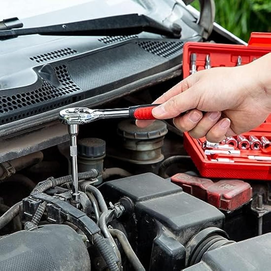 46Pcs Socket Sett - 1/4 inch Drive Socket Ratchet Wrench Set, with Bit Socket Set Metric and Extension Bar for Auto Repair and Home Maintenance, with Storage Case