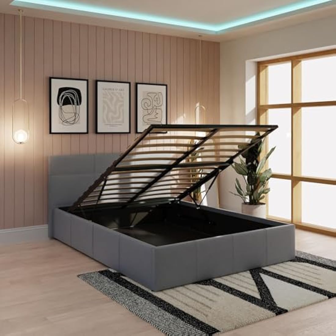 GFW Classic Leather Upholstered Ottoman Storage Bed With Gas End Lift & Under Bed Storage, Small Double, Faux Leather, Grey