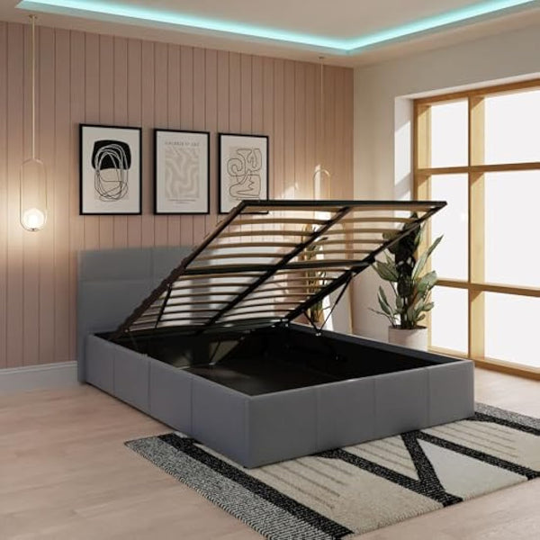GFW Classic Leather Upholstered Ottoman Storage Bed With Gas End Lift & Under Bed Storage, Small Double, Faux Leather, Grey
