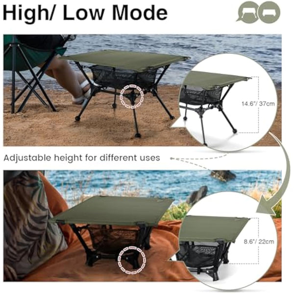 ONETIGRIS Dipper Camping Table, Lightweight Portable Folding Table with Mesh Storage Net, High/Low Options, Ideal for Camping, Hiking, Tailgating, Beach, Picnic, Travel, Backyard