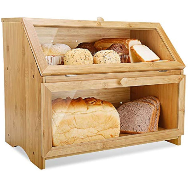 Leader Accessories Double Decker Bamboo Bread Bin 2-Layer Bread Box Large Capacity Bread Storage for Kitchen 15.3"x9.8"x12.6"