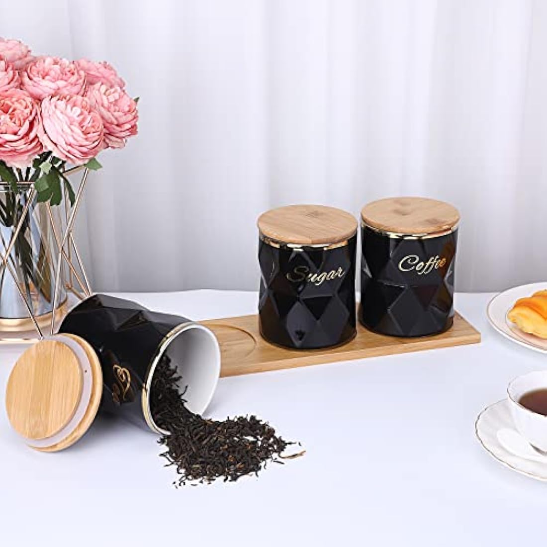 BTSKY Black Ceramic Sugar Coffee Tea Canisters with Lid and Tray - Airtight Set of 3 Storage Canisters Food Storage Containers Pots Jars with Bamboo Lid for Kitchen Counter