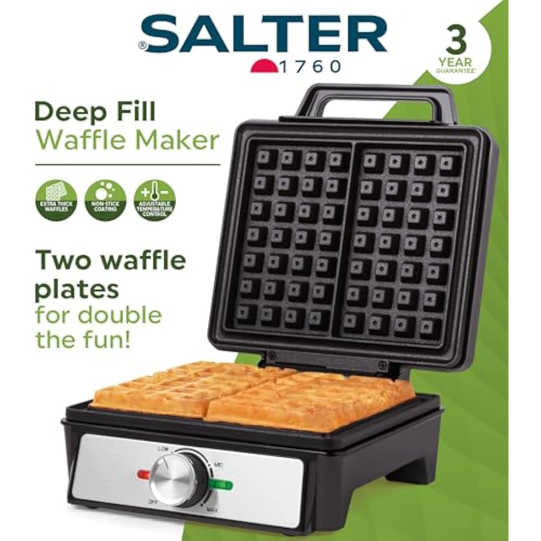 Salter EK5848 Waffle Maker Machine – Non-Stick Dual Waffle Iron Plates, Deep Fill Belgian & American Waffle Machine, Adjustable Temperature Control, Cool Touch Handle, Savoury Snacks & Desserts, 1600W