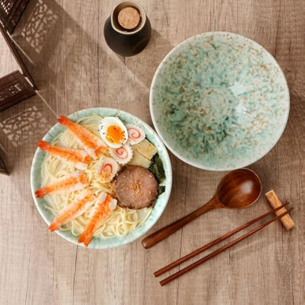 NUTRIUPS Ceramic Ramen Bowl with Chopsticks and Spoons (Forest)