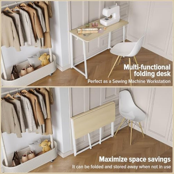 WOHOMO Folding Desk, Small Foldable Desk for Small Spaces, Space Saving Computer Table Writing Workstation for Home Office, Easy Assembly, Oak