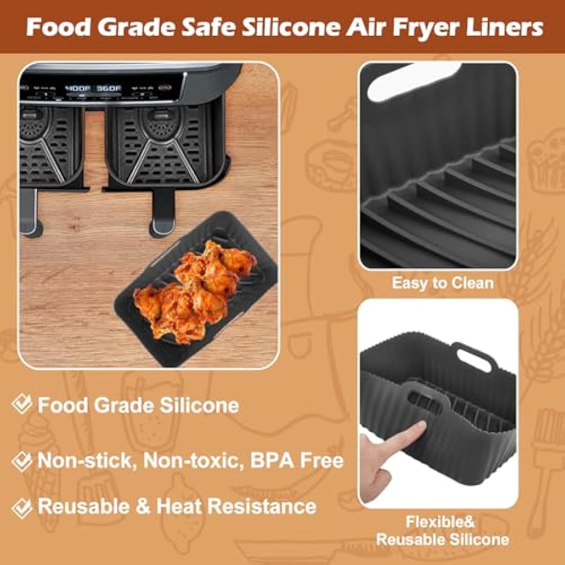 Silicone Air Fryer Liners for Ninja Foodi Air Fryer AF300UK, 2Pcs Ninja Foodi Dual Zone Air Fryer Accessories, Reusable Silicone Dual Basket Air Fryer Liner 7.6L