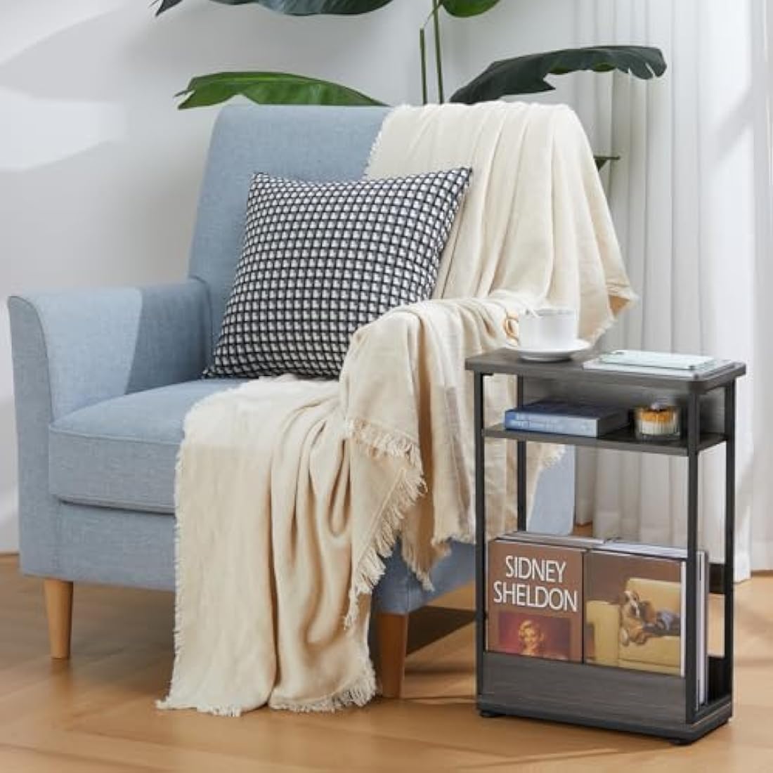 YEAKOO Narrow Side Table for Narrow and Small Spaces, Skinny Bedside Table Small Nightstand with Magazine Rack Space Saving (Grey, M)