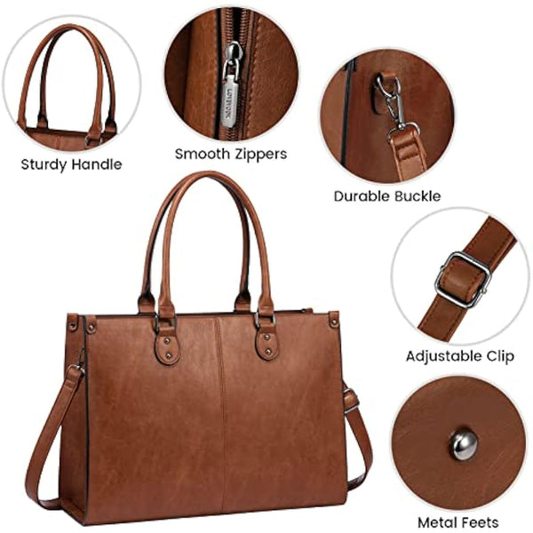 LOVEVOOK Laptop Bags for Women,15.6 Inch PU Leather Tote Bag with Wristlet Pouch, Retro Ladies Handbag Shoulder Bag Briefcase for Work School Office Business,Brown