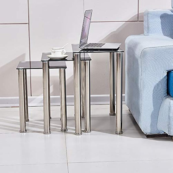 BELIFEGLORY Modern Design Nesting Tables, Set of 3 Coffee Table with Tempered Glass and Stainless Steel Legs, Space Saving Sofa Side Corner End Table (Rectangular - Black)