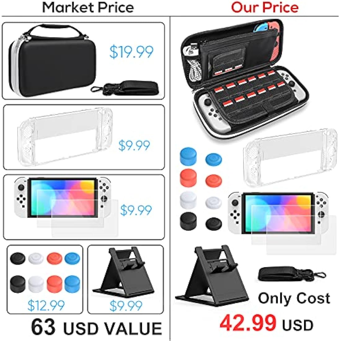 FYOUNG Carry Case for Nintendo Switch OLED Case and Cover Accessories Bundle, Travel Carrying Case Bundle with Switch OLED Protective Case, Screen Protector, Thumb Grip Covers Accessories Kit - White