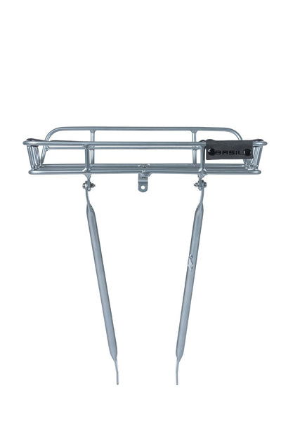 Basil Portland Front Carrier, Aluminium (silver) and Removable Tan Belt
