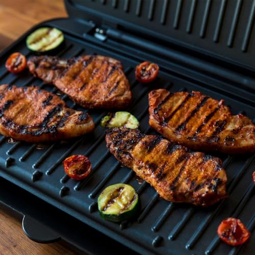 George Foreman Large Electric Fit Grill [Non stick, Healthy, Griddle, Toastie, Hot plate, Panini, BBQ, Energy saving, Vertical storage, Easy clean, Drip tray, Ready to cook light] Black, 2400W 25820