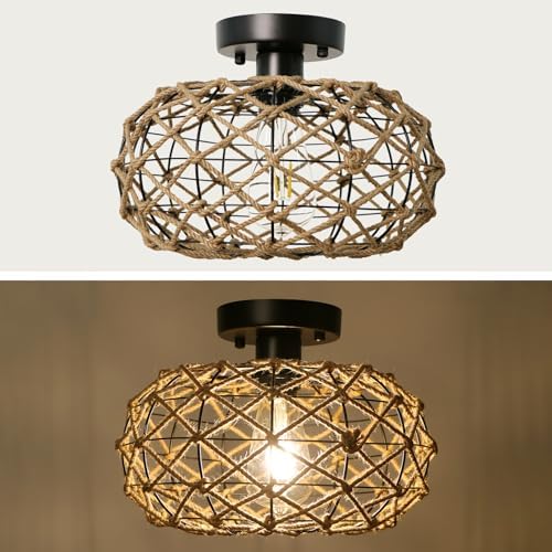 LynPon Boho Ceiling Light Woven Hemp Rope Rattan Cage Wicker Retro Rustic Coastal Semi Flush Mount Light Fixture for Bedroom Hallway Entryway Kitchen