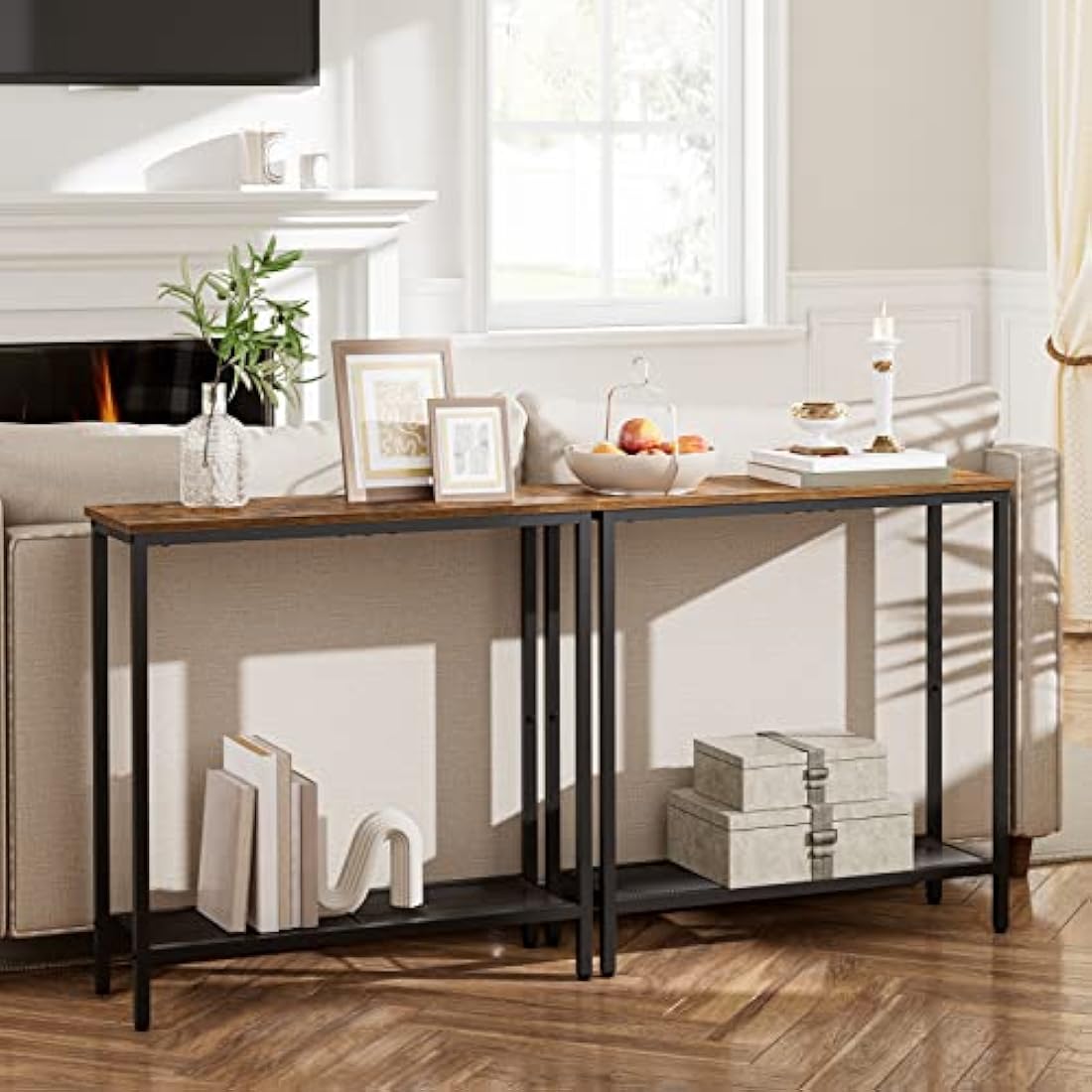 HOOBRO Slim Console Table with Storage, Narrow Console Table for Hallway, Industrial Hallway Table, Slim Sofa Table for Living Room, Bedroom, Rustic Brown and Black EBF74XG01
