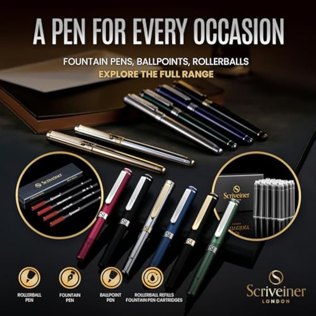 Scriveiner Stainless Steel Rollerball Pen - Stunning Luxury Metal Pen with Silver Chrome Finish, Schmidt Ink Refill, Best Roller Ball Pen Gift Set for Men & Women