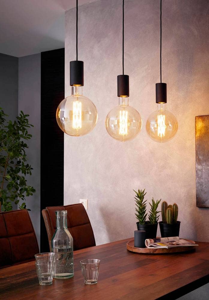 EGLO Pendant lighting Pozueta, 3 bulbs ceiling light fitting made of black steel, vintage and industrial style hanging lamp for dining and living