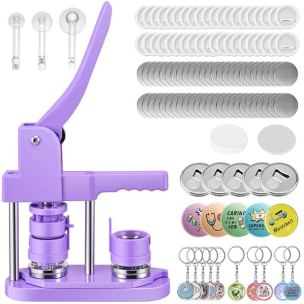 Badge Maker Button Machine Multiple Sizes DIY Pin Maker Badge Press Machine with 10 Bottle Opener, 10 Key Chain Suits, Molds & Round Paper Cutter DOYFAY (Violet, DC109P320)