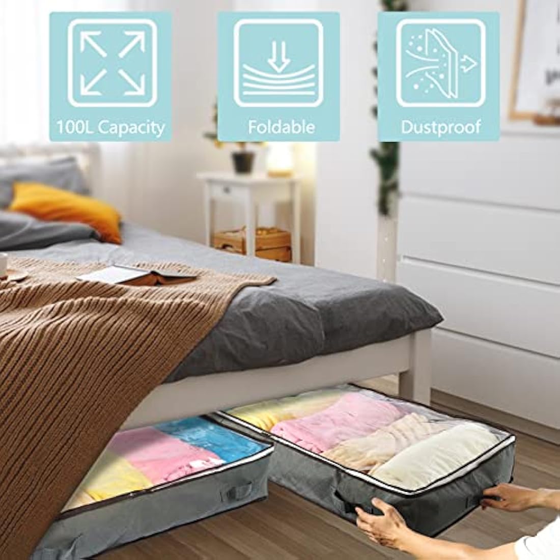 MIXC 4 Packs Underbed Storages, 100L Large Under Bed Storage Box with Lid, Storage Boxes with Lids, Storage Bags with Zip for Clothes, Comforters, Blankets, and Bedding