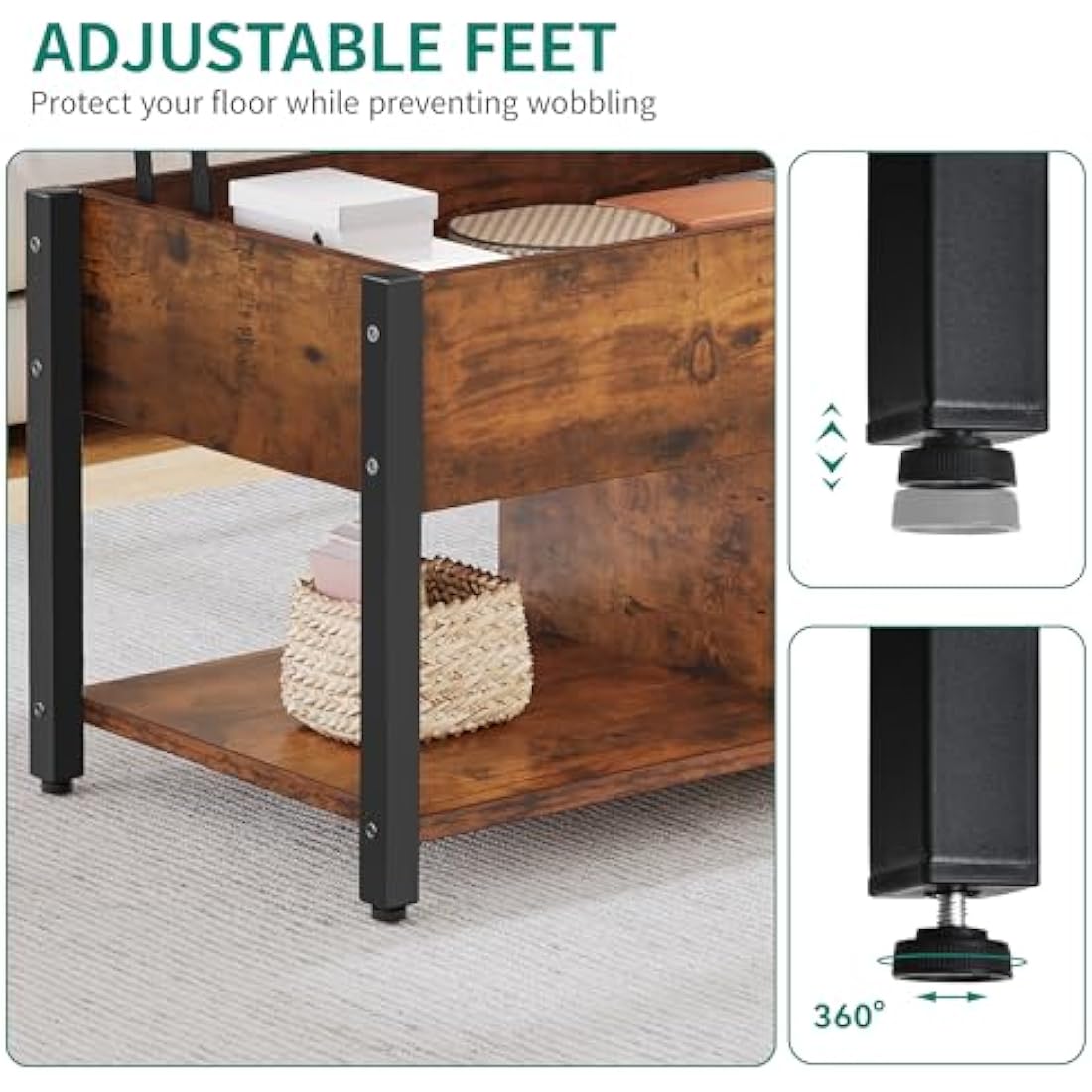 YITAHOME Lift Top Coffee Table, Easy-Lift, 2-Tier Storage, Adjustable Height with Hidden Storage Compartment and Shelf for Living Room, Office, Rustic Brown