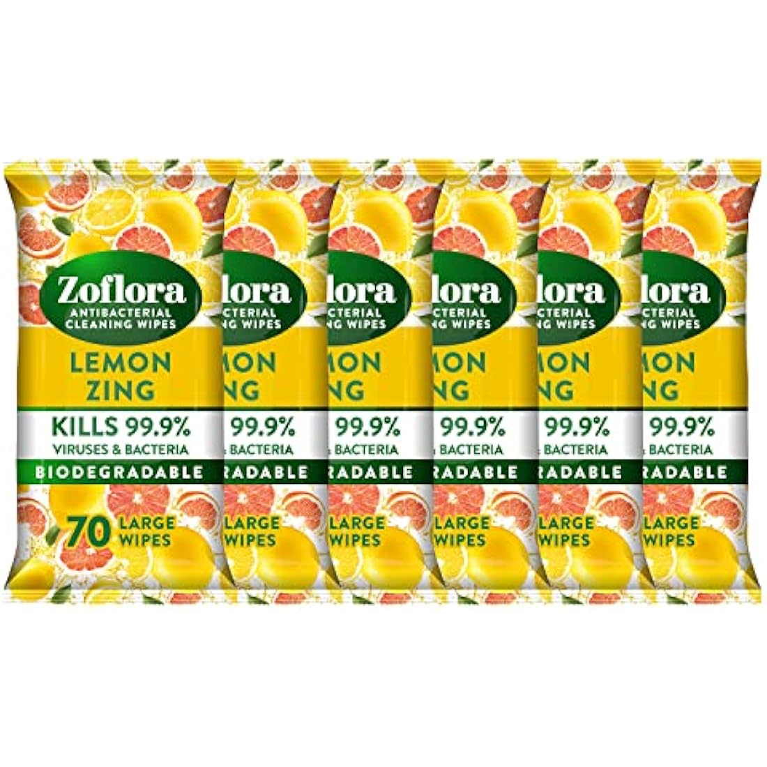 Zoflora Lemon Zing Large Biodegradeable Wipes, Antibacterial Cleaning, 6 x 70 Wipes Pack, Multi-Surface Disinfectant, Removes Odours & Kills 99.9% of Bacteria & Viruses