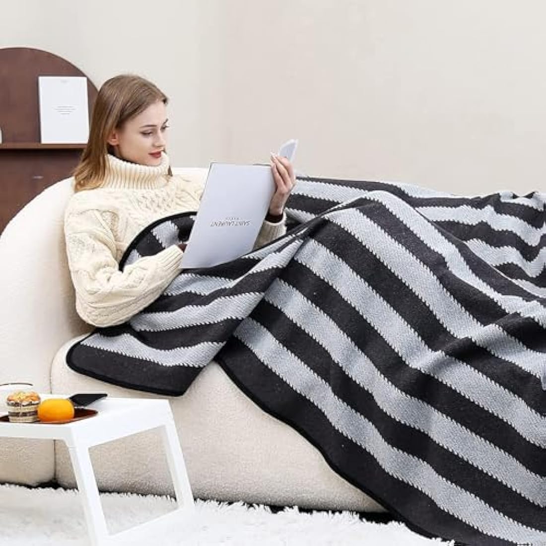 ACUSHLA Merino Wool Blanket - Warm, Thick, Washable, 87" x 63" Large Throw for Outdoors, Camping,Couch, Bed, Travel - Super Soft Wool Blanket- Grey Stripe