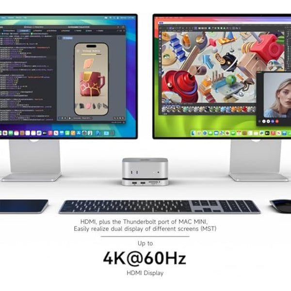 Minisopuru iExpandMate MINI4PRO Mac Mini M4 Dock with 4K@60 HDMI, 4TB M.2 NVMe SSD Enclosure, Mac Mini Hub & Stand for Mac mini M4 and M4 Pro 2024 (TF/SD Solt, 3* USB-A 2.0, Audio) | Silver
